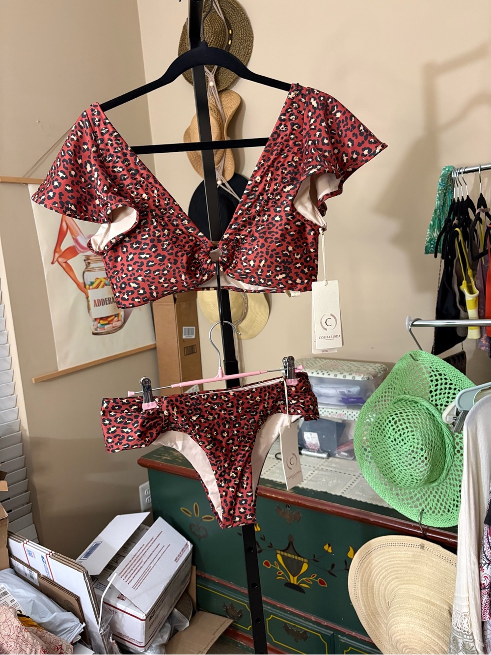 Cosita Linda- Red Leopard Print Ruffle Sleeve Bikini Top & Bottom w/ beaded. XL